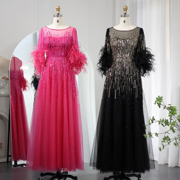 Vestido de Festa Longo com Brilho e Plumas - Modelo Especial