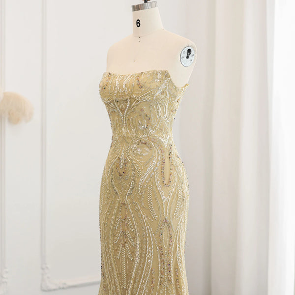 Vestido de Festa Longo Sereia Dourado em Renda - Modelo Especial