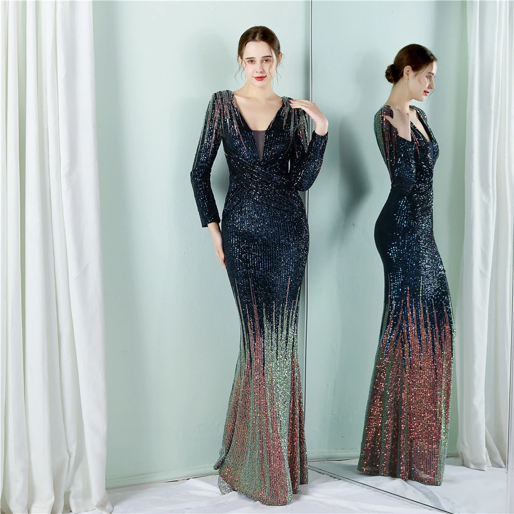 Vestido de Festa Longo com Detalhes Paet s Degrad Azul Marinho