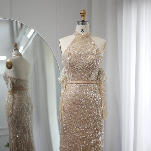 Vestido de Festa Longo Adornado em Cristais Champanhe - Modelo Especial