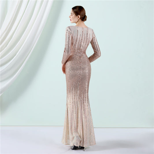 Vestido de Festa Longo com Detalhes Paetês Degradê Dourado