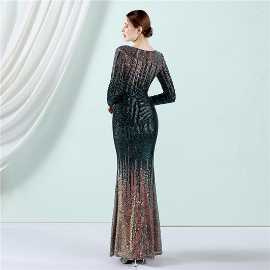 Vestido de Festa Longo com Detalhes Paetês Degradê Verde