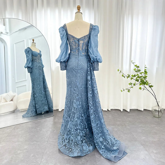 Vestido de Festa Longo com Manga Bufante Sereira Azul Serenity - Modelo Especial