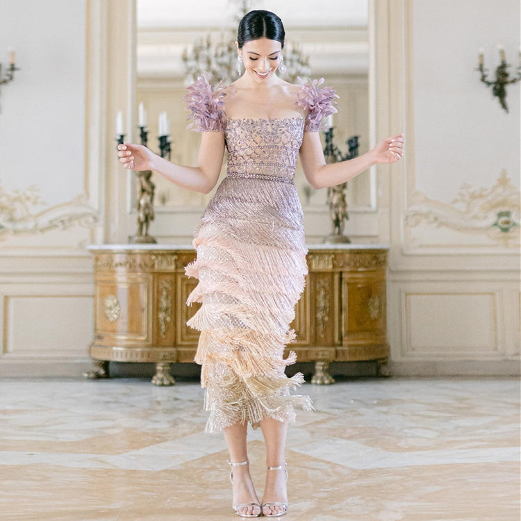 Vestido de Festa Luxo Alta Costura com Detalhes em Plumas - Modelo Especial