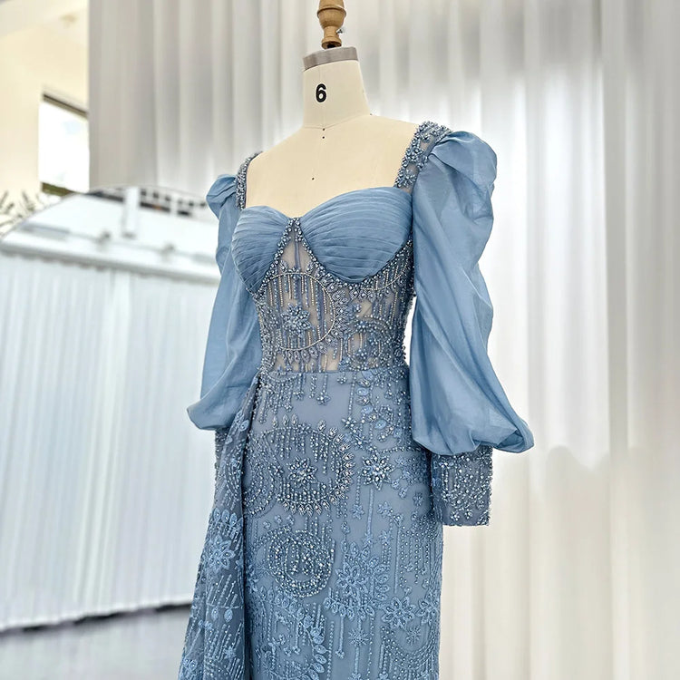 Vestido de Festa Longo com Manga Bufante Sereira Azul Serenity - Modelo Especial