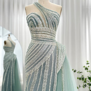Vestido de Festa Luxo Ombro Assimétrico e Cauda em Tule - Modelo Especial
