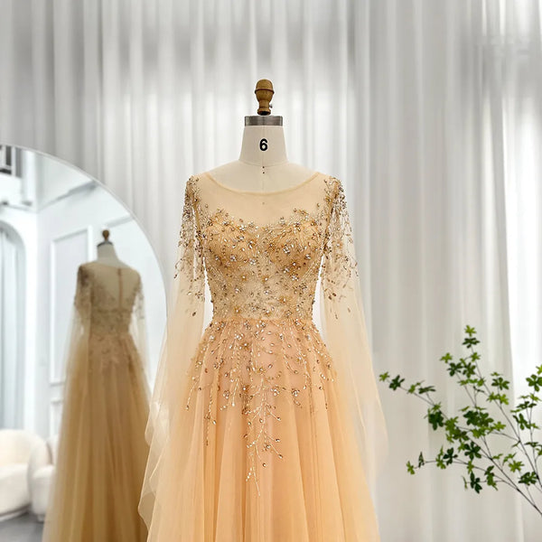 Vestido de Festa Dourado com Manga Detalhada - Modelo Especial