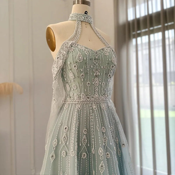 Vestido de Festa Longo com Saia em Renda e Detalhes Diamante Azul Serenity - Modelo Especial