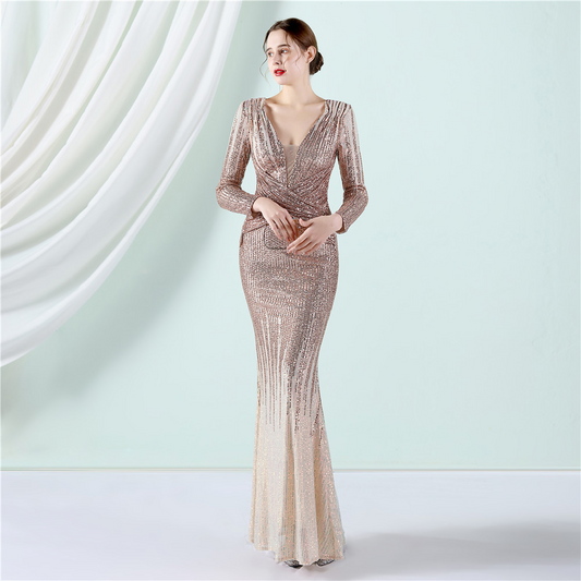 Vestido de Festa Longo com Detalhes Paetês Degradê Dourado