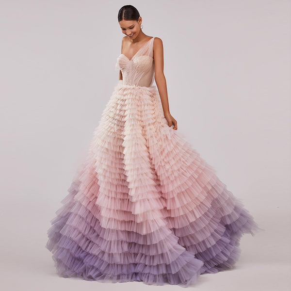 Vestido de Festa Princesa em Camadas Plissado Degradê