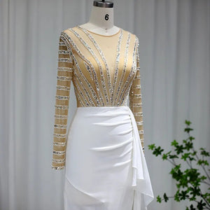Vestido de Festa Longo com Abertura Branco e Manga Ilusões - Modelo Especial