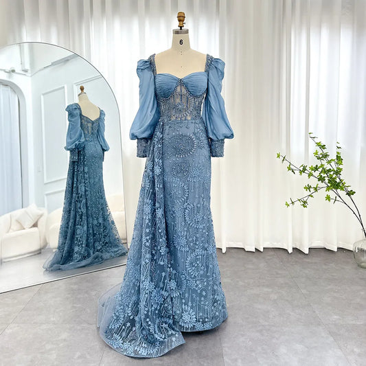 Vestido de Festa Longo com Manga Bufante Sereira Azul Serenity - Modelo Especial