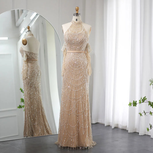 Vestido de Festa Longo Adornado em Cristais Champanhe - Modelo Especial