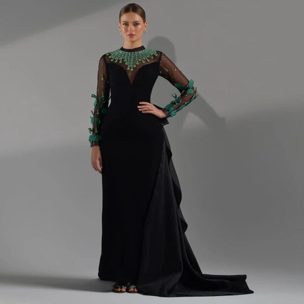 Vestido de Festa Longo Preto Majestoso com Detalhes Cristal