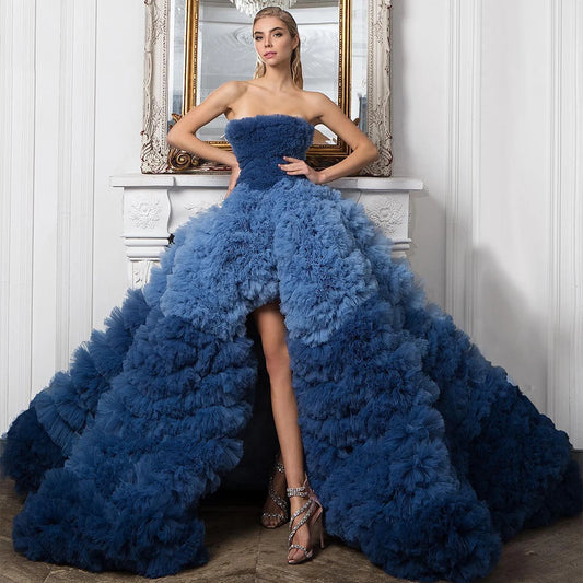 Vestido de Festa Azul Marinho com Saia Volume com Abertura - Modelo Especial