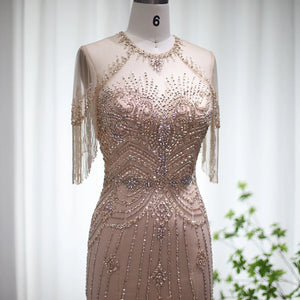 Vestido de Festa Longo com Manga em Cristais Champanhe - Modelo Especial