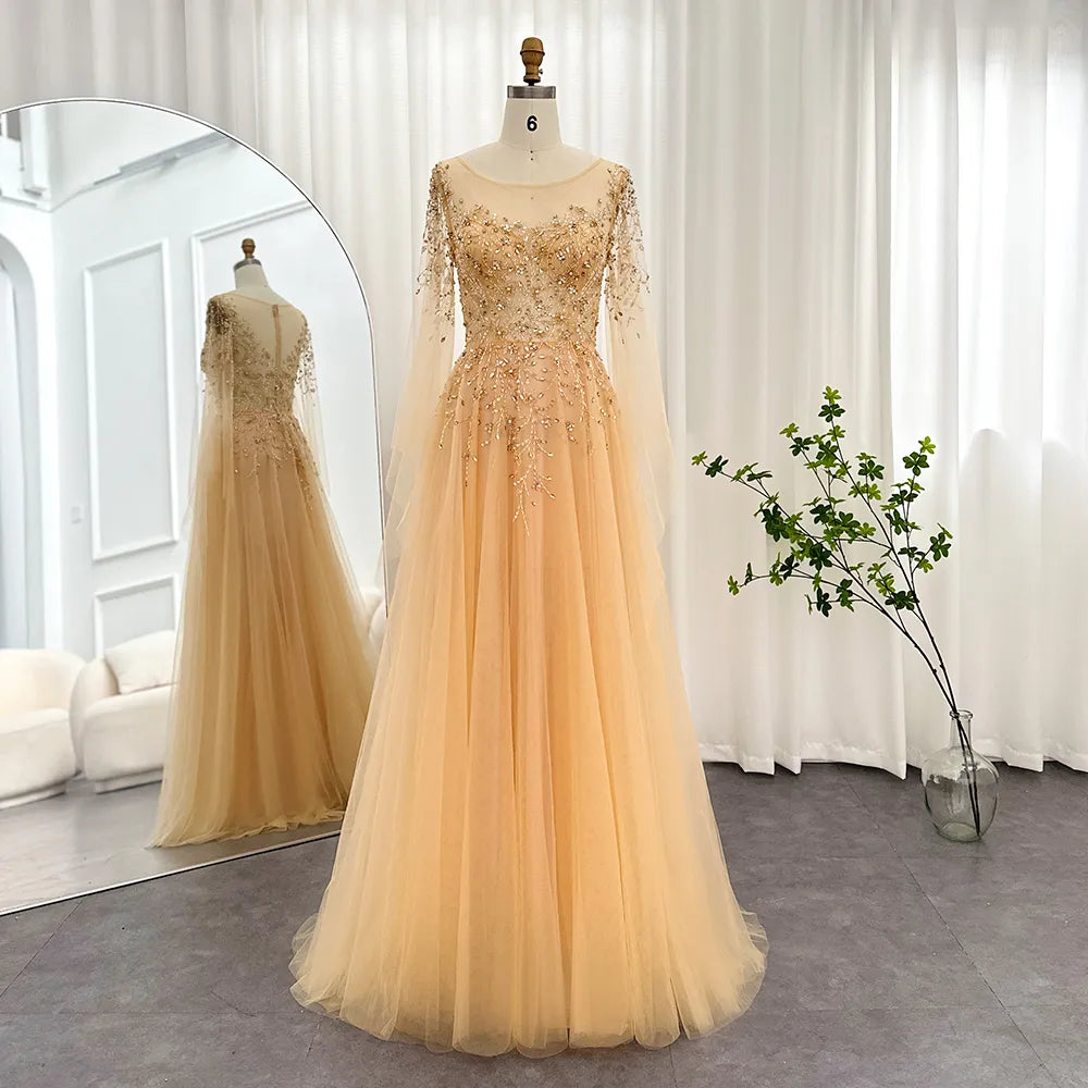 Vestido de Festa Dourado com Manga Detalhada - Modelo Especial