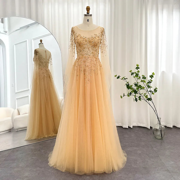 Vestido de Festa Dourado com Manga Detalhada - Modelo Especial