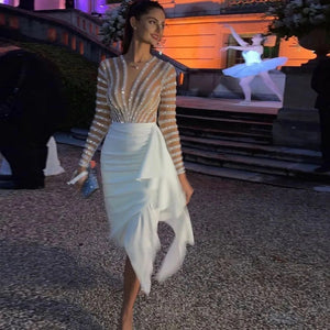 Vestido de Festa Longo com Abertura Branco e Manga Ilusões - Modelo Especial