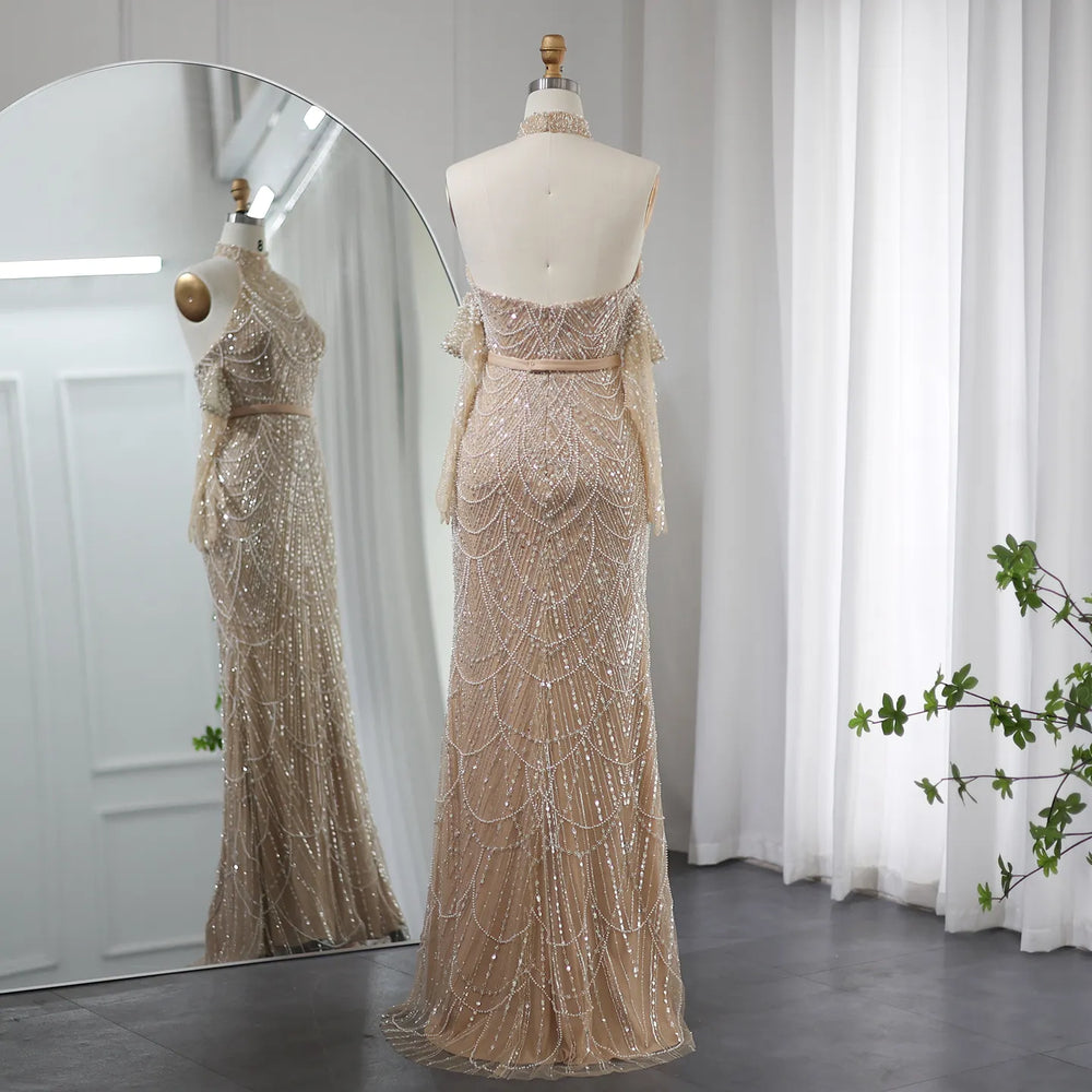 Vestido de Festa Longo Adornado em Cristais Champanhe - Modelo Especial