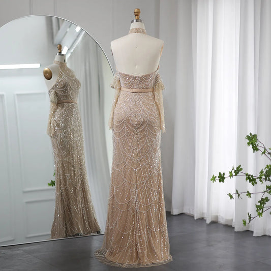 Vestido de Festa Longo Adornado em Cristais Champanhe - Modelo Especial