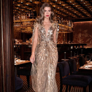 Vestido de Festa Luxo Kate Dourado com Maxi Capa - Modelo Especial