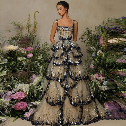 Vestido de Festa Luxo Maxi Flor Decorado em Camadas com Paetês - Modelo Especial