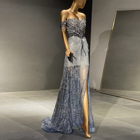 Vestido de Festa Luxo Moonlight com Abertura Lateral Azul Marinho - Modelo Especial