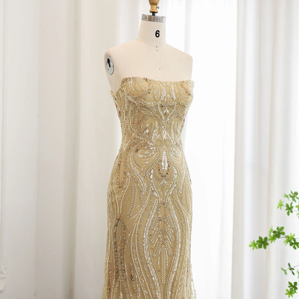 Vestido de Festa Longo Sereia Dourado em Renda - Modelo Especial