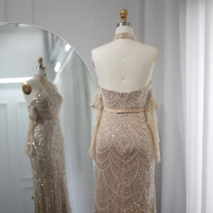 Vestido de Festa Longo Adornado em Cristais Champanhe - Modelo Especial