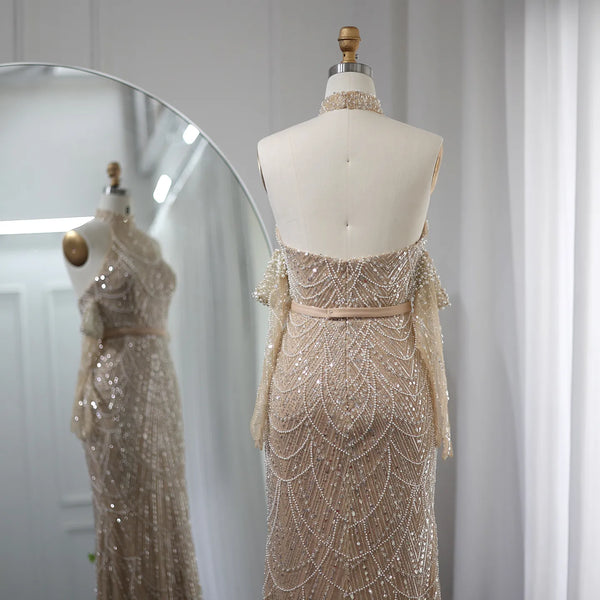 Vestido de Festa Longo Adornado em Cristais Champanhe - Modelo Especial