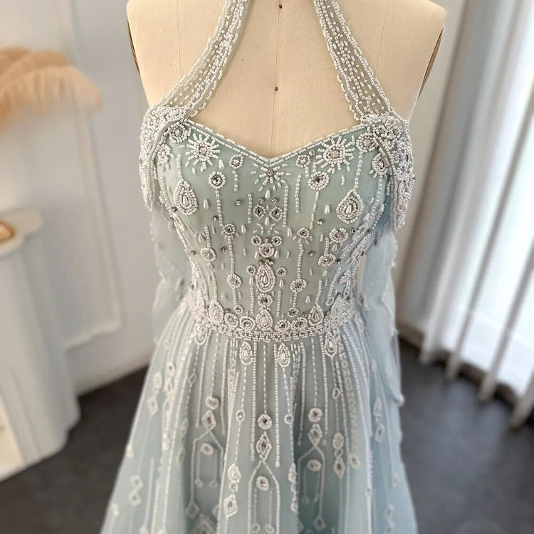 Vestido de Festa Longo com Saia em Renda e Detalhes Diamante Azul Serenity - Modelo Especial
