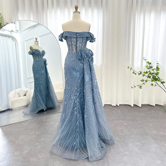 Vestido de Festa Longo Overskirt Azul Empoeirado (Pronta Entrega)
