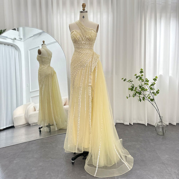 Vestido de Festa Luxo Ombro Assimétrico e Cauda em Tule - Modelo Especial