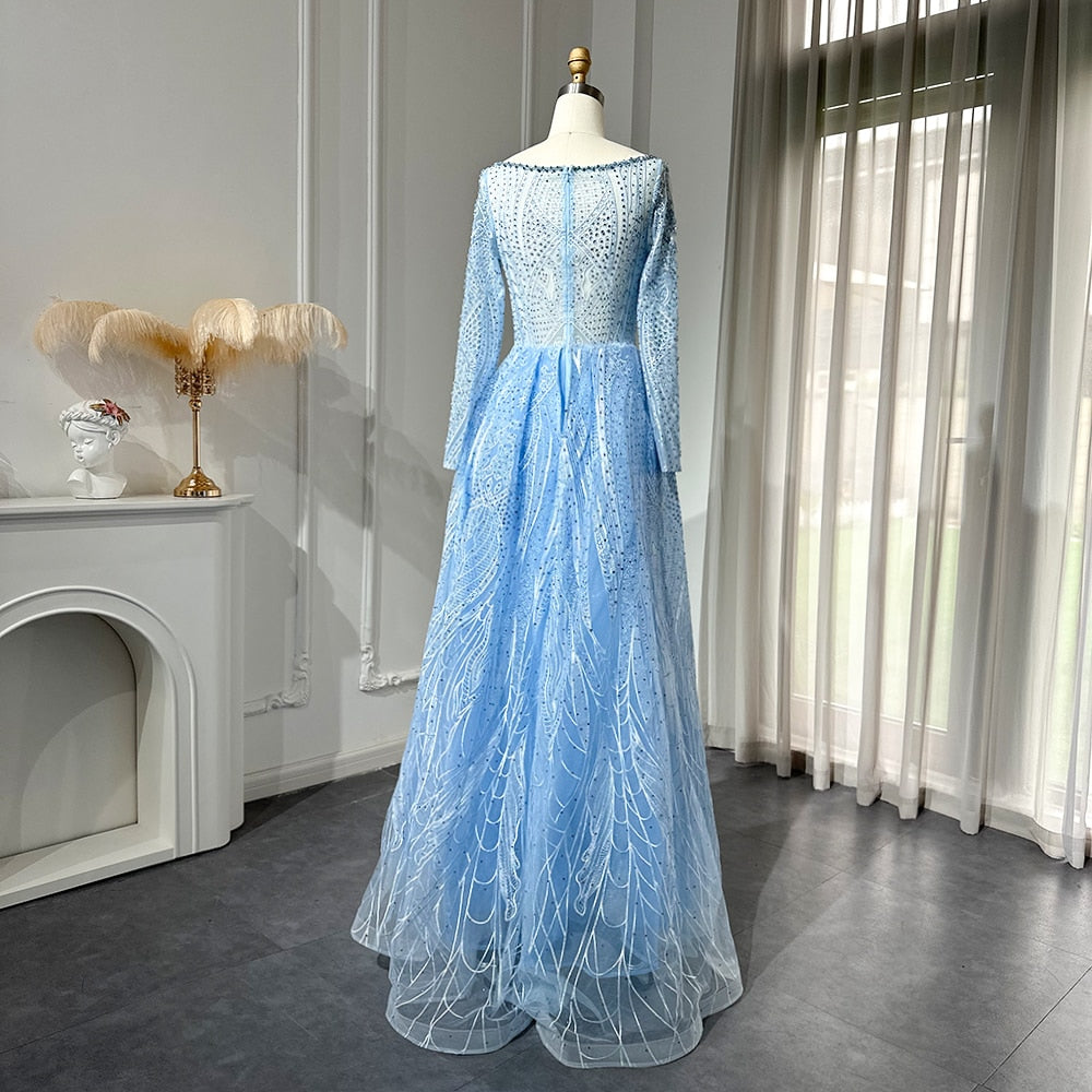 Vestido de Festa Longo Pandora em Renda e Cristal Azul Serenity - Modelo Especial