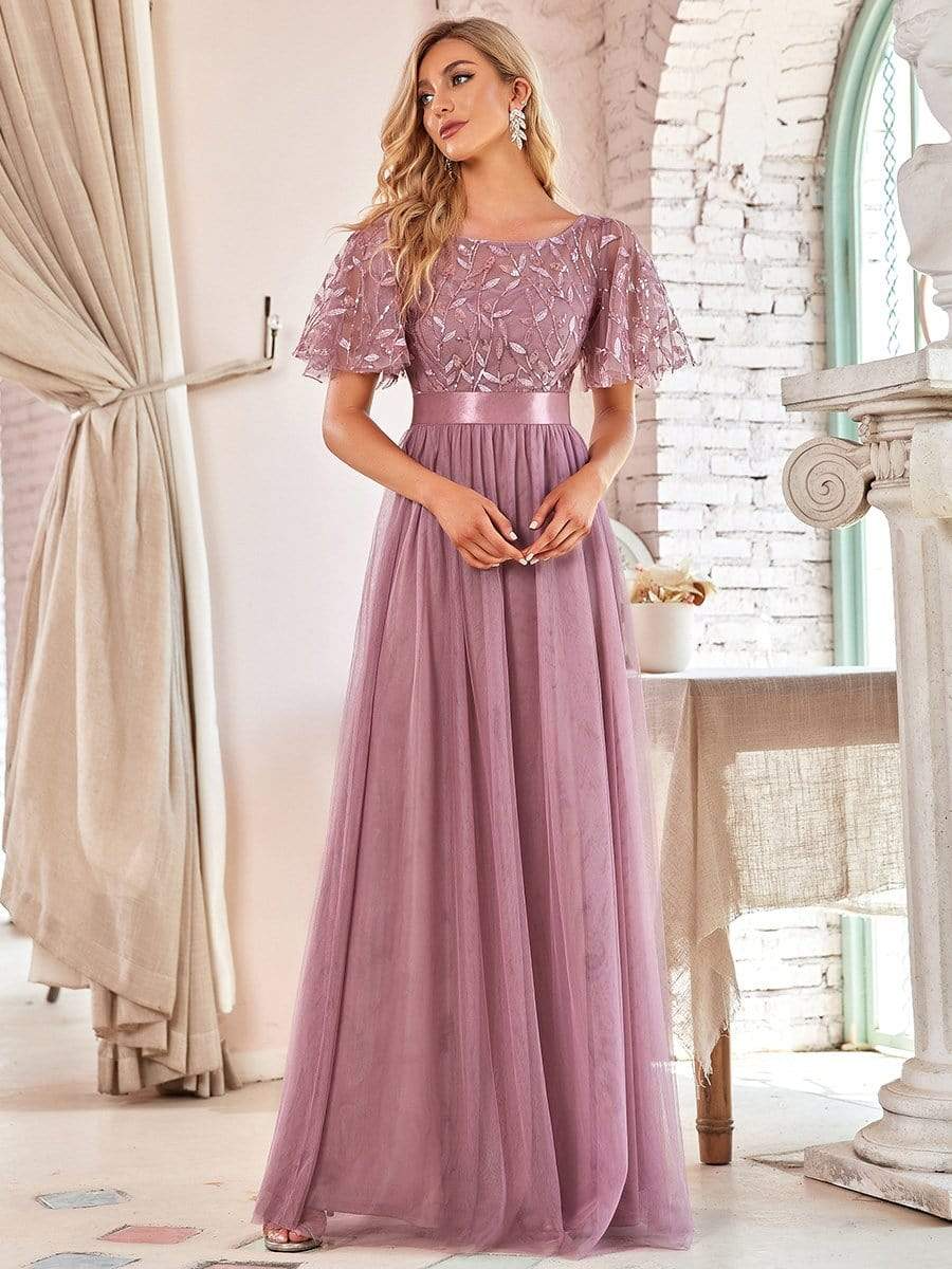Vestido de Festa Longo com Detalhes Manta Bordada Rosa Empoeirado