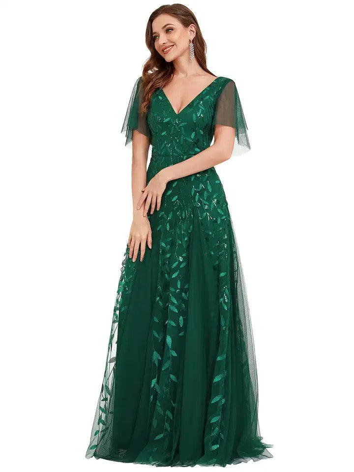 Vestido de Festa Longo com Detalhes em Brilhos Bordados Verde (Pronta Entrega)