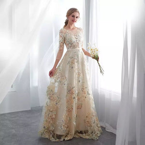 Vestido de Festa Luxo em Tule Champanhe com Estampa Floral (Pronta Entrega)