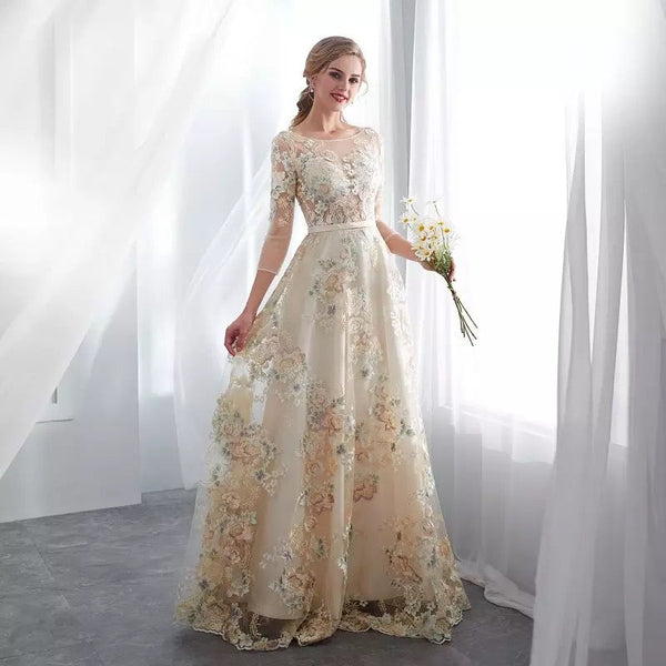 Vestido de Festa Luxo em Tule Champanhe com Estampa Floral (Pronta Entrega)