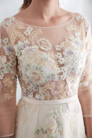 Vestido de Festa Luxo em Tule Champanhe com Estampa Floral (Pronta Entrega)
